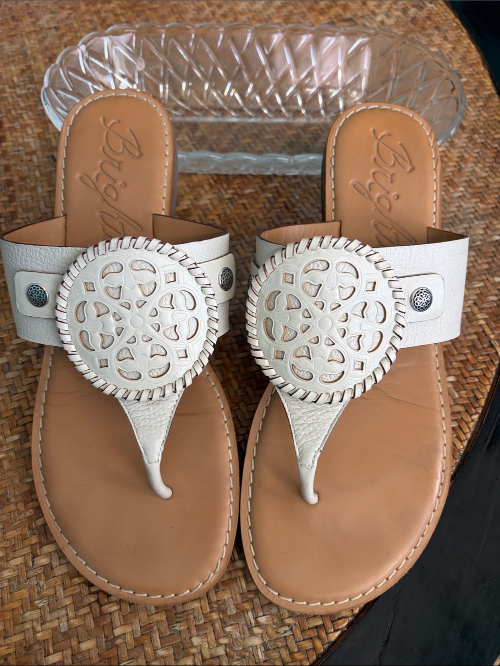 Brighton White Leather Thong Style Sandals with Silver Accents